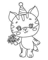 Adorable party cat wearing hat and holding flowers.