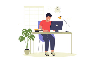 Man Working on Desktop Computer in Home Office. Illustrations for websites, landing pages, mobile apps, posters and banners