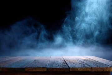 Wooden table in fog dark background textured planks and dramatic lighting