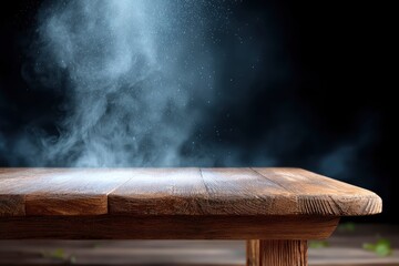 Wooden table foreground smoky background w light sprinkling above
