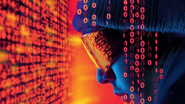 A mysterious hacker wearing dark glasses sits before a glowing red screen with streaming binary digits, symbolizing cybersecurity threats, hacking activity, and digital crime 
