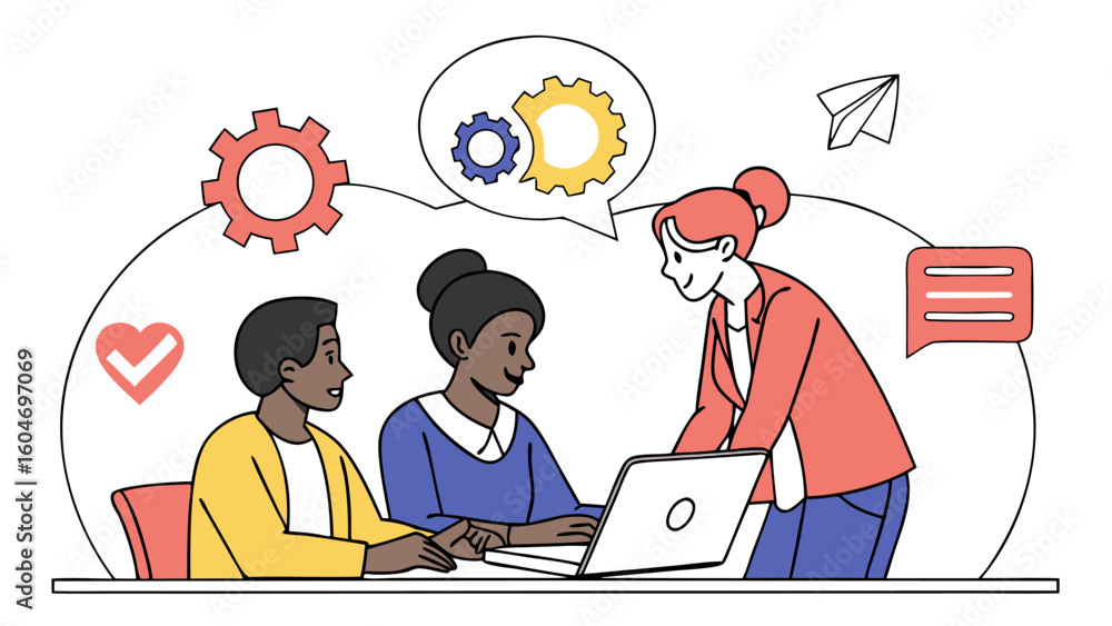 Poster illustration of a team collaborating on a laptop with gears speech bubble and paper plane in the bac