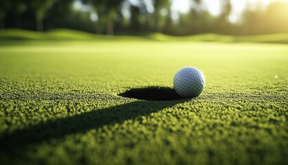 Early Morning Golfing: Putting The Ball On The Green With The Sunlight, At The Golf Club Course For Players