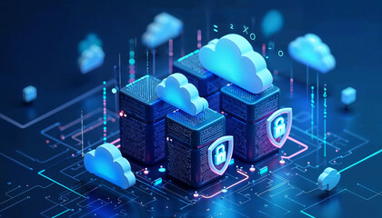 Isometric 3D illustration of cloud servers with data streaming and locked shields, floating in a digital space with binary code rain, dark blue gradient background, modern tech style, volumetric light