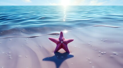 A magenta starfish rests on the sandy shore, next to the shimmering ocean.