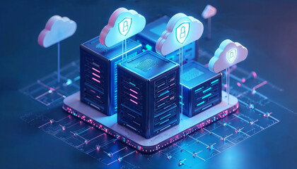Isometric 3D illustration of cloud servers with data streaming and locked shields, set against a dark blue gradient background, rendered in a modern tech style. The scene is bathed in the cool light 