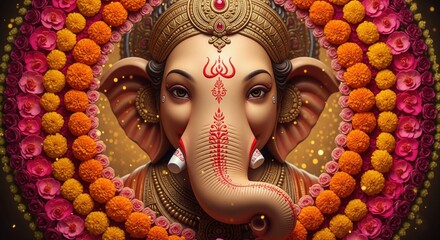 Ganesha Portrait with Floral Marigold Frame – Detailed Ganesh Wallpaper HD