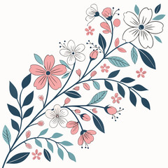 Floral arrangement featuring pink and white blossoms with teal and dark blue leaves on winding branches