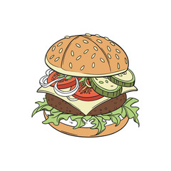 A delicious beef cheeseburger with sesame bun, fresh lettuce, and tomato, isolated on white, perfect for a fast food lunch or dinner EPS file download.
