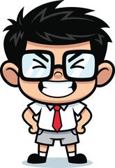Confident cartoon character with spiky hair and red tie, glasses and strong pose, cad drawing flat vector illustration for attitude themes