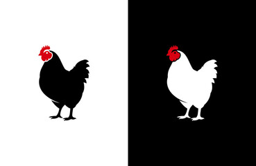 A stylized black and white hen illustration, presented in contrasting backgrounds.