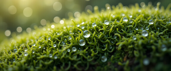 dew on grass, A soft green moss texture with morning dew drops, macro shot, minimal background