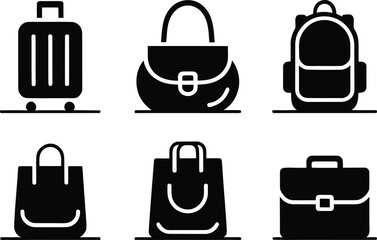 Collection of six black silhouette icons representing different types of bags and luggage