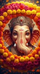 Mobile Ganesha Wallpaper – Floral Circle Frame with Light Particles