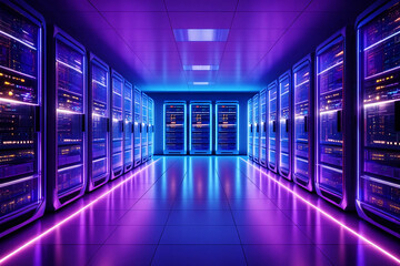 Server room with glowing purple and blue lights technology data
