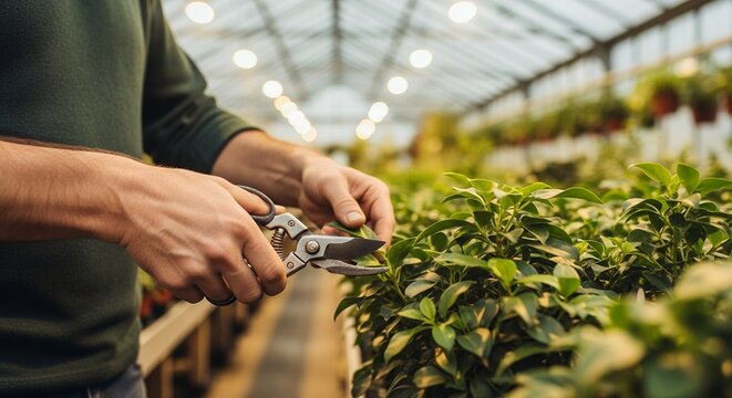 Hands trimming green plants with pruning shears in greenhouse environment, concept for horticultural service, plant propagation and garden maintenance