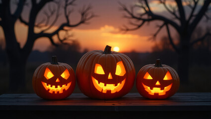 Three spooky jack o lanterns glow with fiery light against a dramatic sunset sky