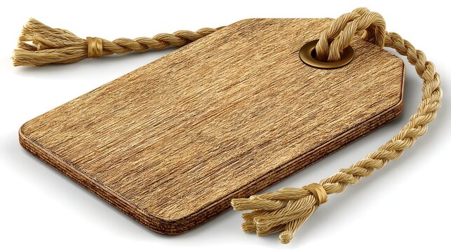 Wooden tag with braided rope and tassel.