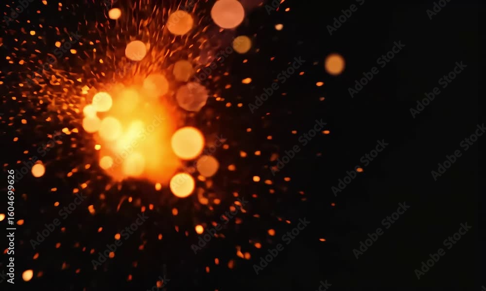 Poster abstract firework display with bright orange sparks and bokeh effect on a black background scene