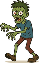 Cartoon zombie character with green skin and red eyes, cad drawing flat vector illustration for horror, Halloween, spooky themes
