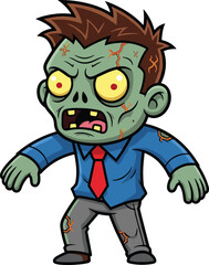 Cad drawing flat vector illustration, cartoon zombie character design, green skin undead figure, spooky pose, horror costume style, Halloween theme