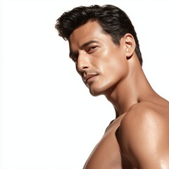 Confident handsome man with glowing skin, radiating health and vitality, studio portrait