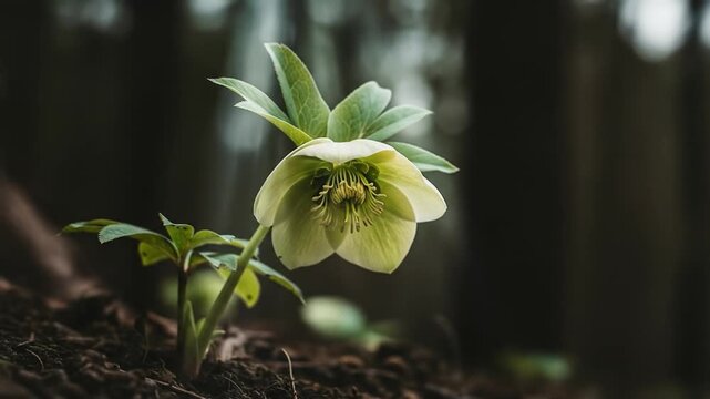 Delicate hellebore flower blooming in the forest floor in spring time