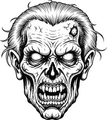 Cad drawing flat vector illustration, scary zombie skull head, creepy horror portrait, skeletal face art, undead character design, spooky anatomy