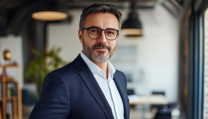 Fototapeta premium Successful Mature Entrepreneur In Modern Office: Confident Mid Adult Businessman In Formal Attire, Eyeglasses, And Beard, Looking At Camera With Satisfaction.
