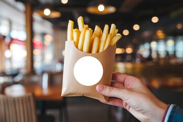 A person hand is holding a brown packet of french fries and a blank white circular sticker mockup is attached on it in a restaurant