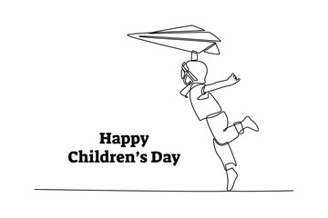 kid playing with toy airplane. Children day concept. Single line draw design. Vector graphic illustration