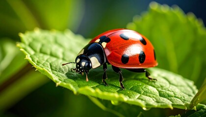 Fototapeta premium Ladybug on vibrant green leaf