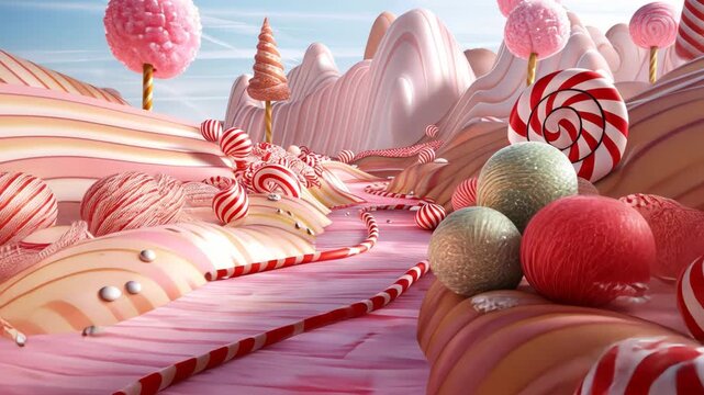 Enchanting 3D sweetscape, whimsical candy land features chocolate rivers and candy cane trees, evoking a magical and delightful atmosphere. 3d backgrounds