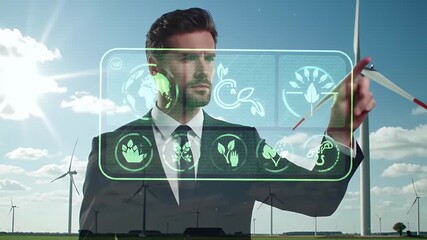 Man Interacting With Virtual Interface Controlling Wind Turbine Energy Production In Green Field On Sunny Day With Blue Sky And Clouds - Powered by Adobe
