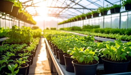 Greenhouse filled with young plants bathed in sunlight