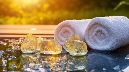 Refreshing Spa Experience with Towels and Sparkling Ice Cubes
