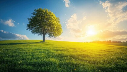 Obraz premium Nature'S Serene Beauty: Lush Green Lawn, Trees, And Sunlight Under Blue Sky Create A Picturesque Landscape - A Journey Through Stunning Green Meadows.