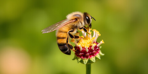 A honeybee gathering pollen from a flower with a blurred green background in a close up photograph