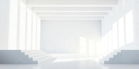 Obraz premium A bright white room with stairs leading to a platform and light streaming through windows