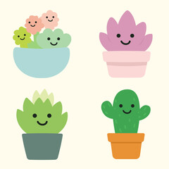 Cute Kawaii Succulent and Cactus Vector Set in Pots III