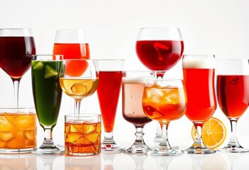Assorted alcoholic beverages in various glasses, isolated on white background,  manhattan,  close up