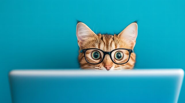 A striped cat with glasses is looking out from behind a computer on a blue background