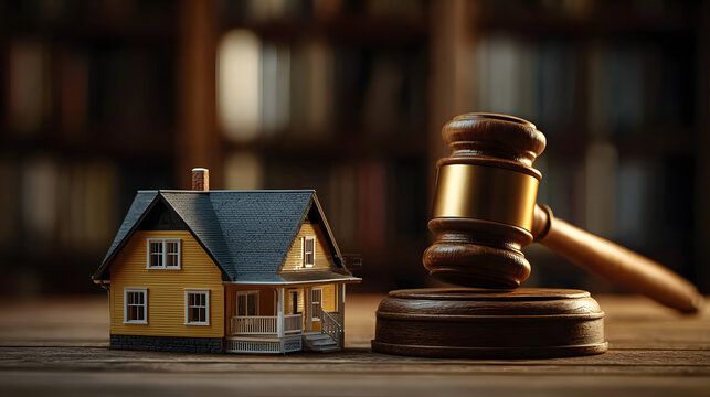 Mod&egrave;le r&eacute;duit de maison &agrave; c&ocirc;t&eacute; d'un marteau de juge sur un bureau en bois