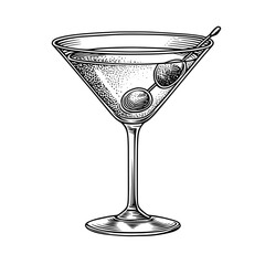 Cocktail glass with olive garnish in engraved style on white background  