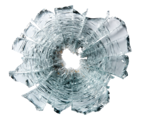 Shattered glass, circular pattern of cracks radiating outward from a central hole