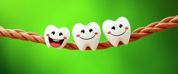 Three cartoon teeth smile on a rope, vibrant green background,  dental,  smile
