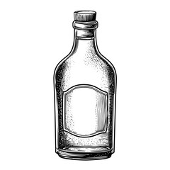 Vintage glass bottle with blank label in monochrome illustration  