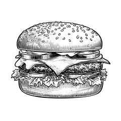 Vintage burger illustration with lettuce, cheese, and sesame bun  