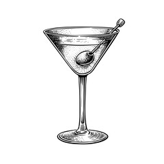 Vintage engraving of a martini glass with an olive on a stick  