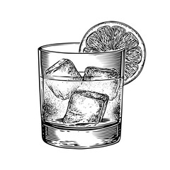 Old-fashioned glass with ice cubes and orange slice on white background  